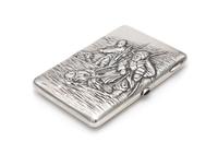 A Russian Silver Cigarette Case, Mark of S. Stroganov, Moscow, Late 19th Century, the lid worked to show a repousse scene of two figure