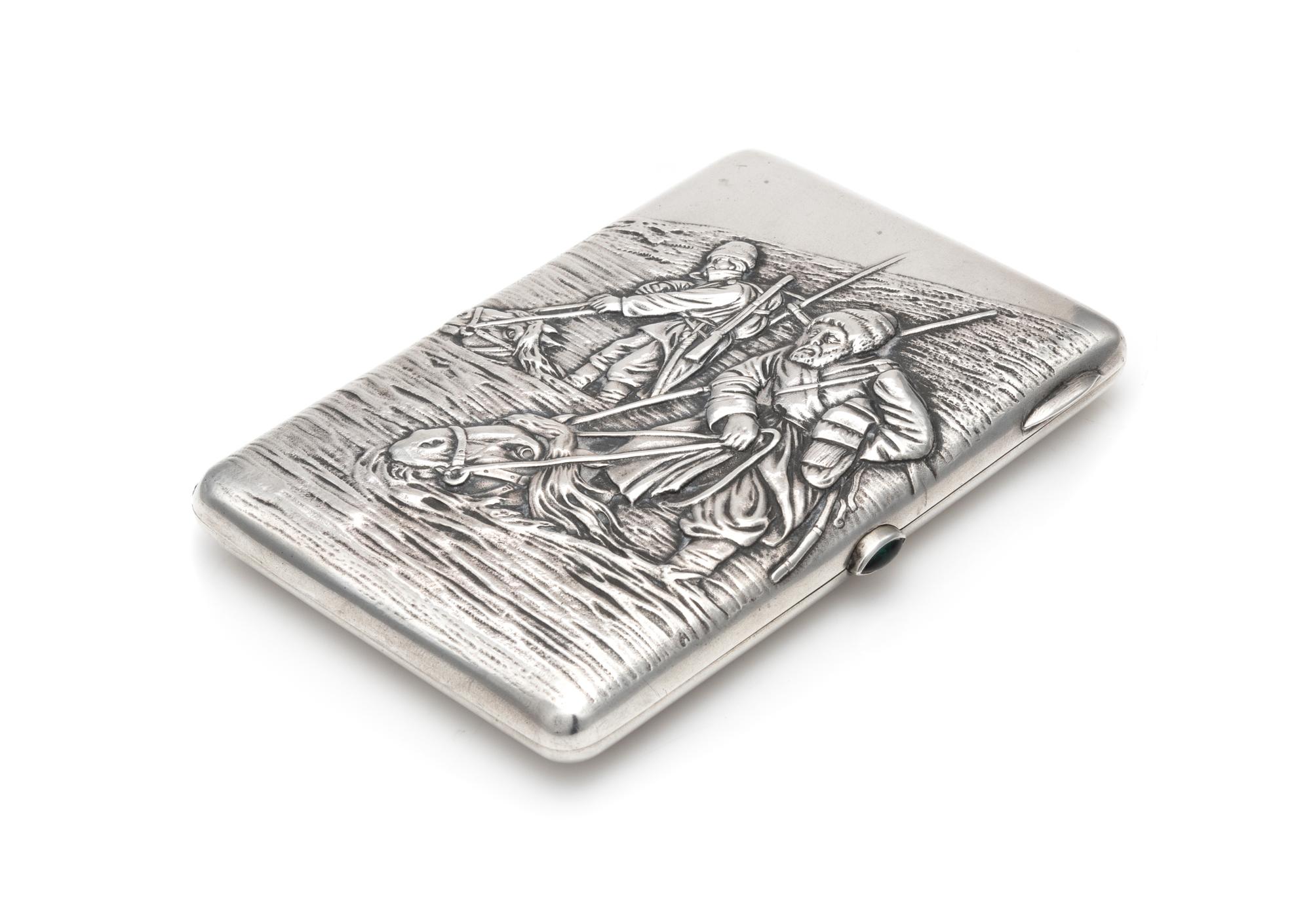 A Russian Silver Cigarette Case, Mark of S. Stroganov, Moscow, Late 19th Century, the lid worked to show a repousse scene of two figure