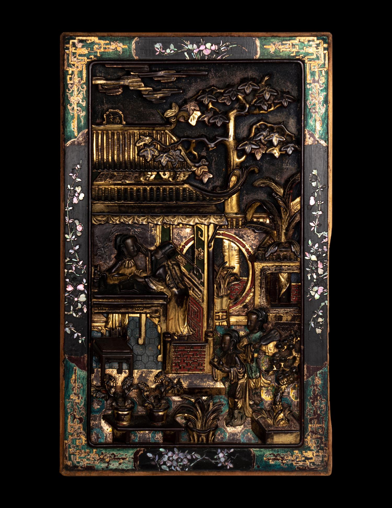 Five Chinese Gilt and Lacquered Carved Wood Panels