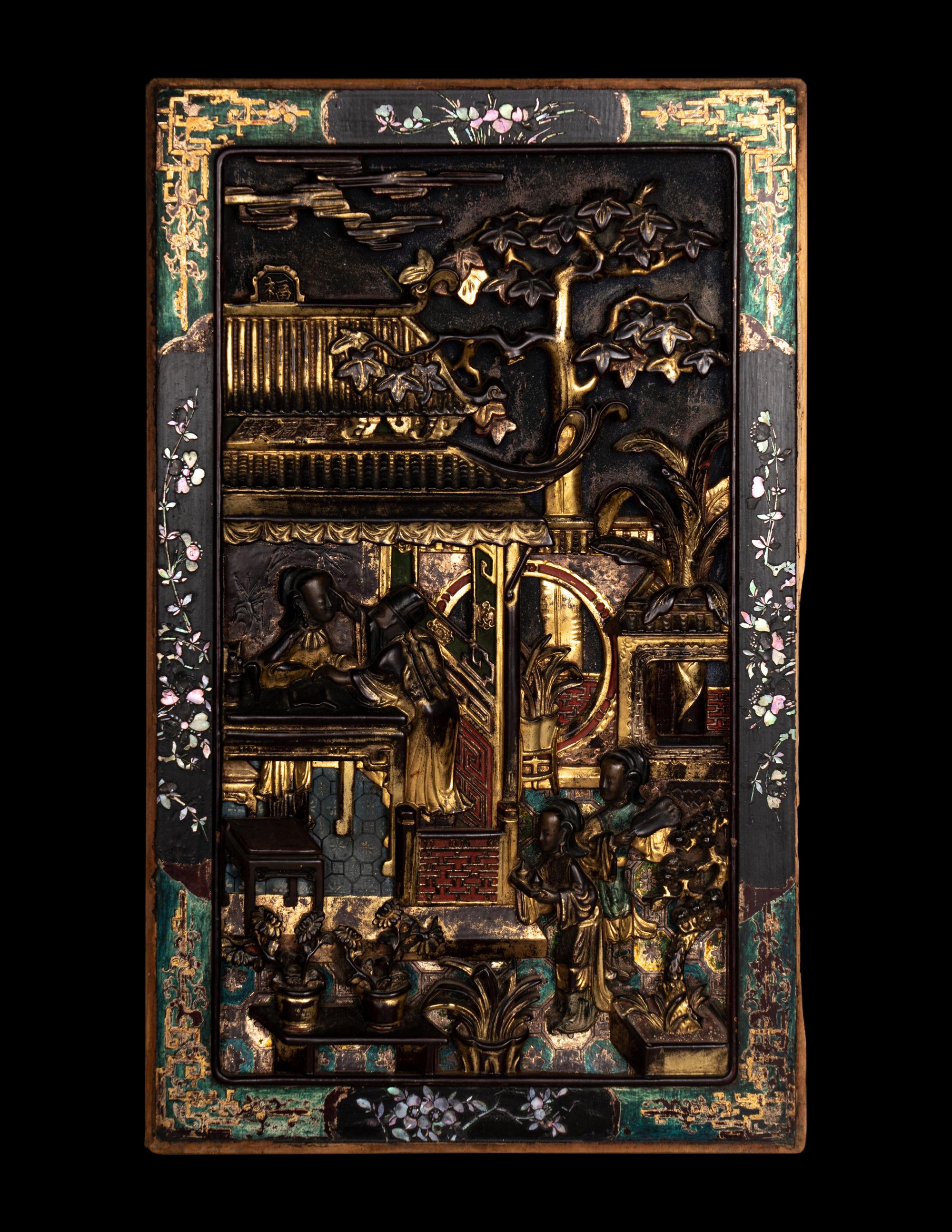 Five Chinese Gilt and Lacquered Carved Wood Panels
