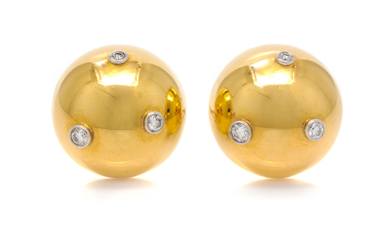 A Pair of 18 Karat Yellow Gold, Platinum and Diamond Earclips, Paloma Picasso for Tiffany & Co., 13.40 dwts.