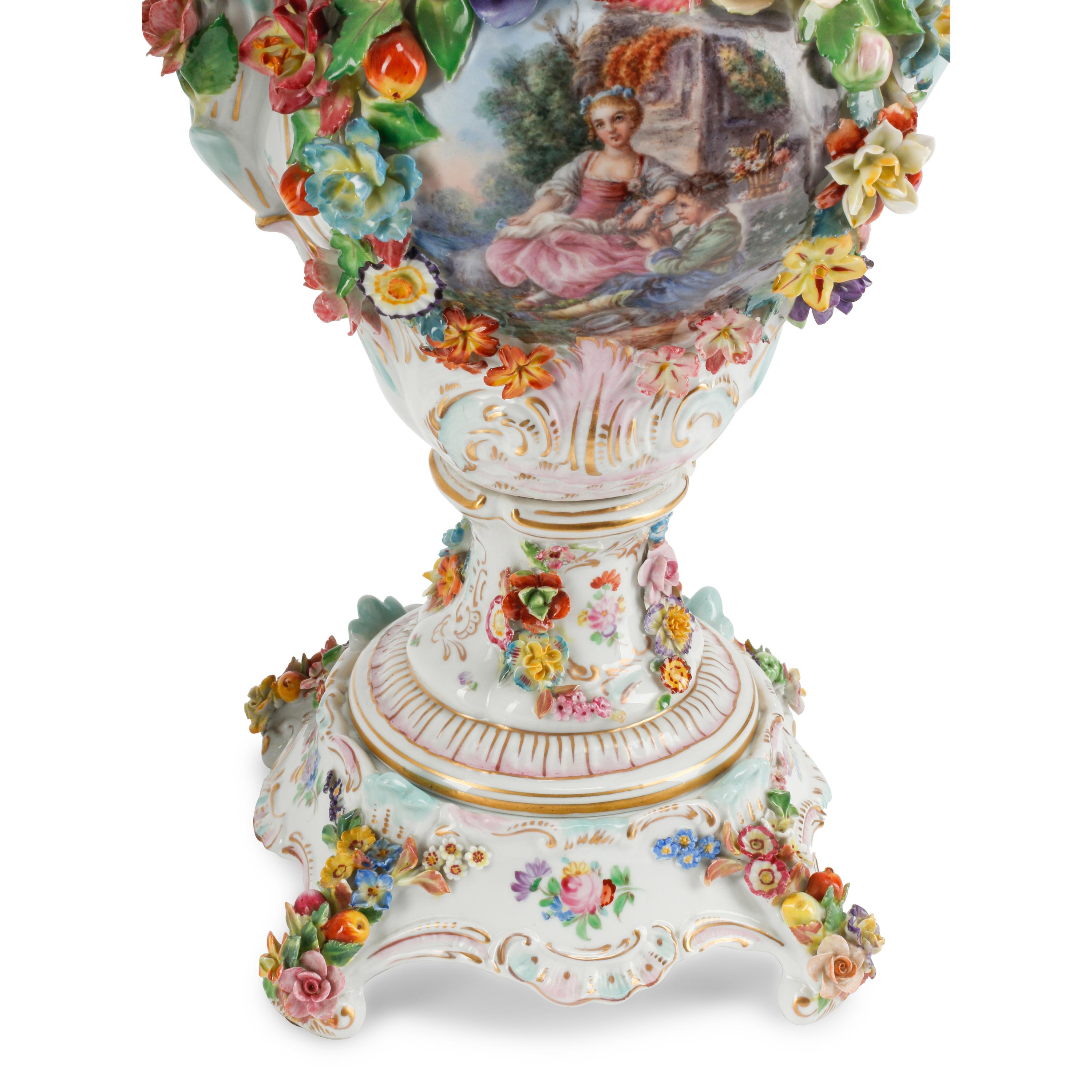 A Pair of Dresden Porcelain Urns and Covers