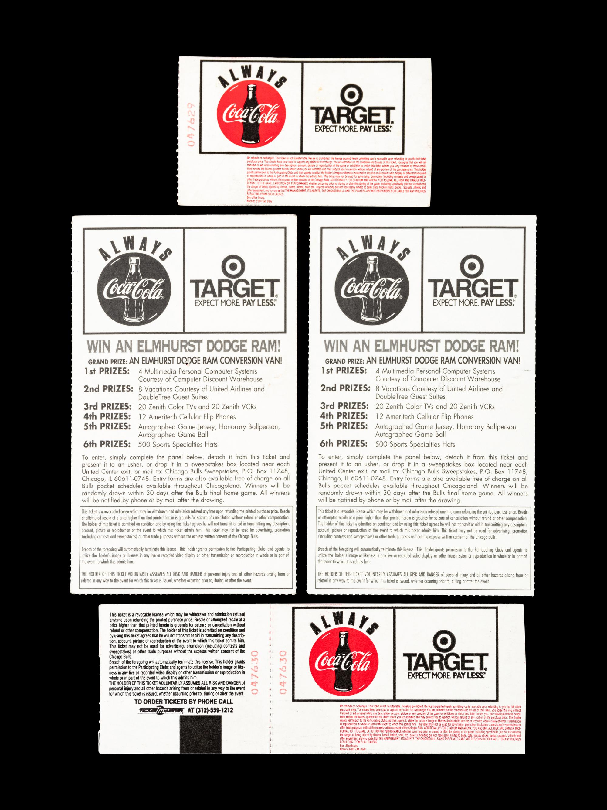 A Group of Four Important December 17, 1997 Chicago Bulls vs. Los Angeles Lakers Tickets from Michael Jordan vs Kobe Bryant Duel (Jordan 36 Points - Kobe 33 Points),