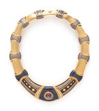 LEO DE VROOMEN, YELLOW GOLD, STAR RUBY, ENAMEL, AND DIAMOND NECKLACE