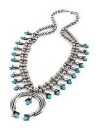 A Navajo Silver and Turquoise Squash Blossom Necklace