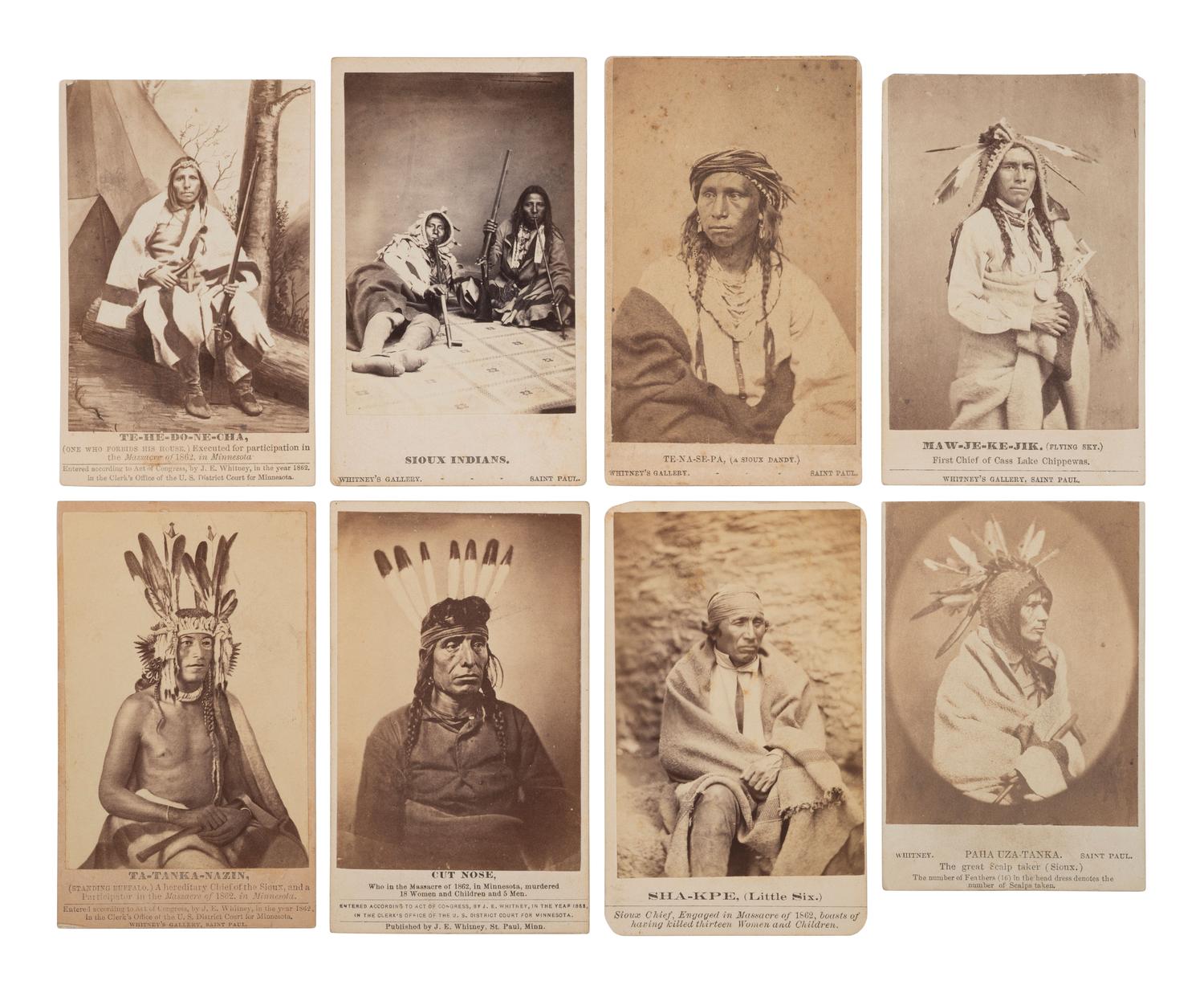 A group of 8 CDVs of Sioux involved in the 1862 Dakota Uprising in Minnesota incl. executed subjects. St. Paul, MN: Whitney's Gallery.