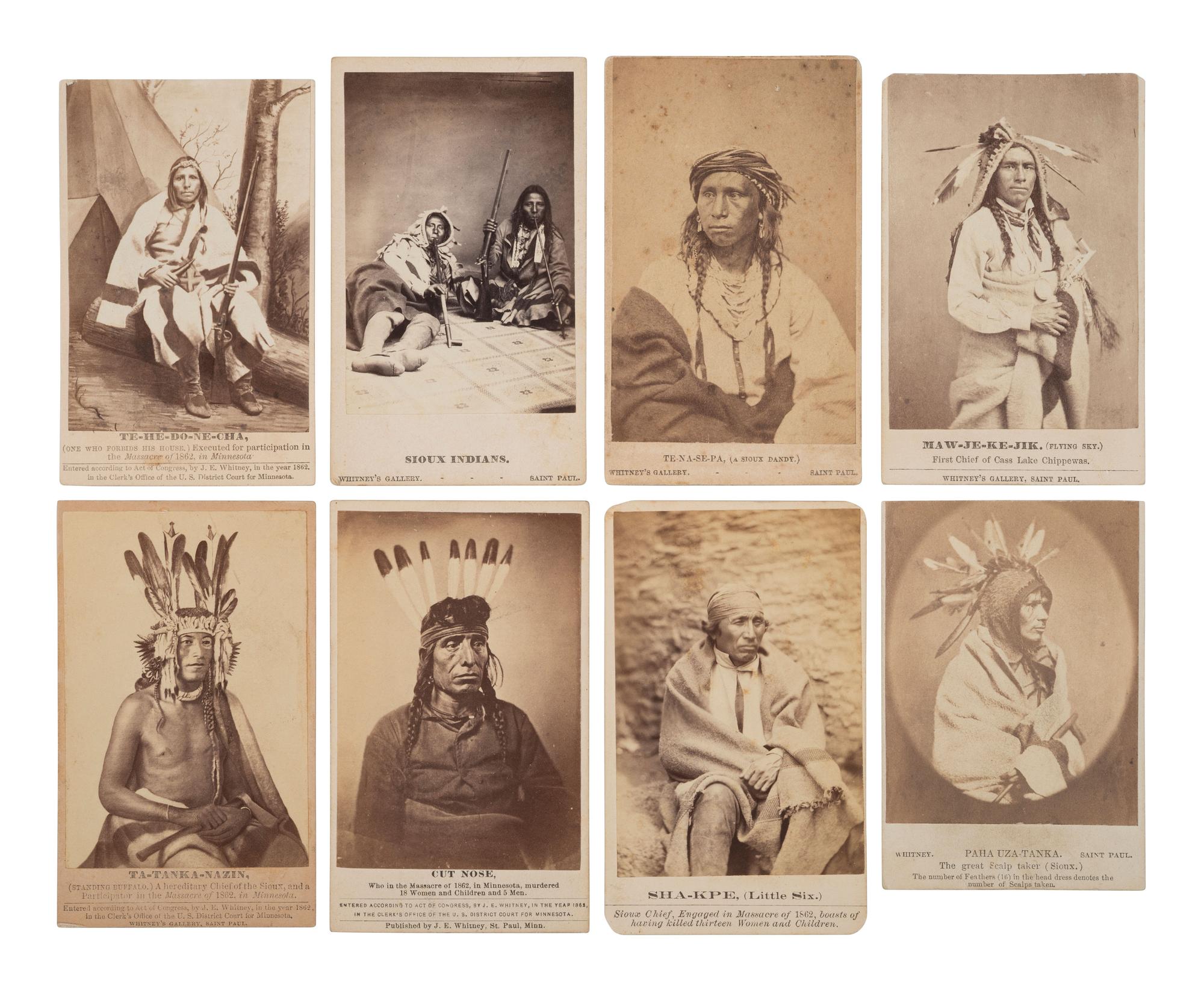 A group of 8 CDVs of Sioux involved in the 1862 Dakota Uprising in Minnesota incl. executed subjects. St. Paul, MN: Whitney's Gallery.