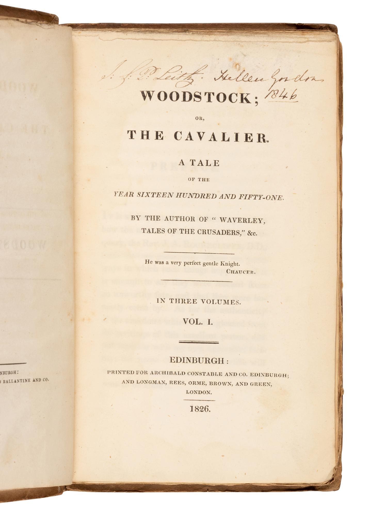 SCOTT, Walter, Sir (1771-1832). Woodstock: or, The Cavalier . Edinburgh & London: for Archibald Constable and Co.; Longman, Rees, Orme, Brown, and Green, 1826.
