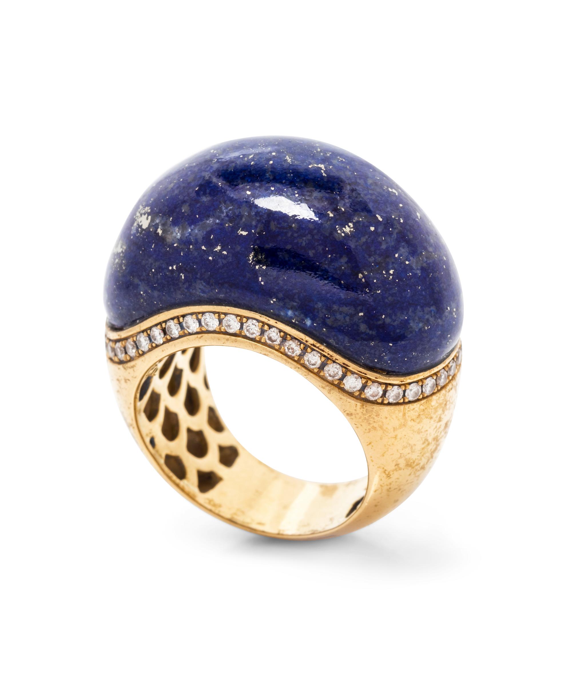 An 18 Karat Yellow Gold, Lapis Lazuli and Diamond Bombe Ring, Roberto Coin,
