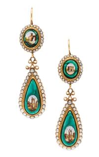 A Pair of Victorian Yellow Gold, Micromosaic and Seed Pearl Pendant Earrings, 10.50 dwts.