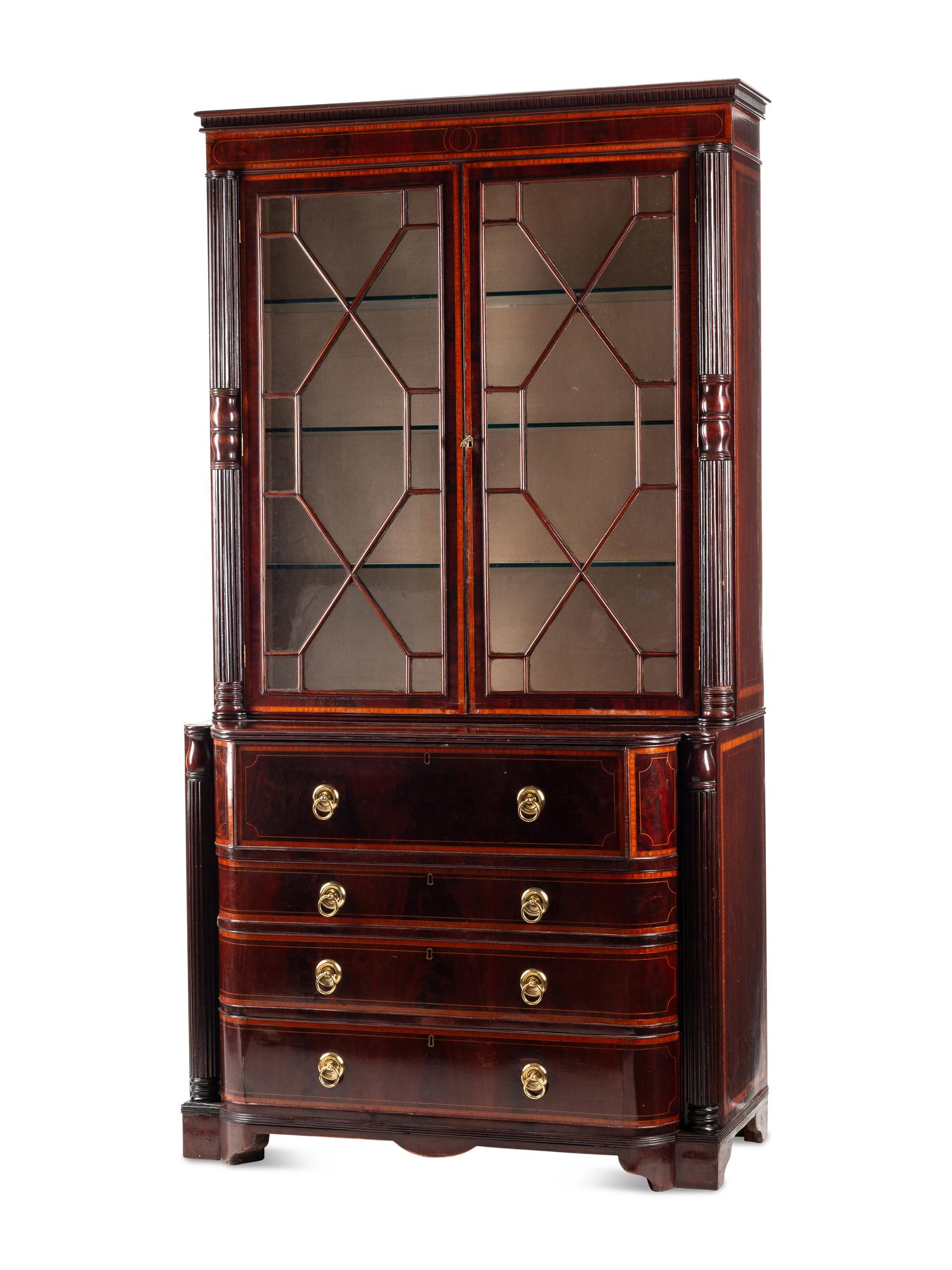 A Regency Satinwood-Inlaid Mahogany Bureau Bookcase