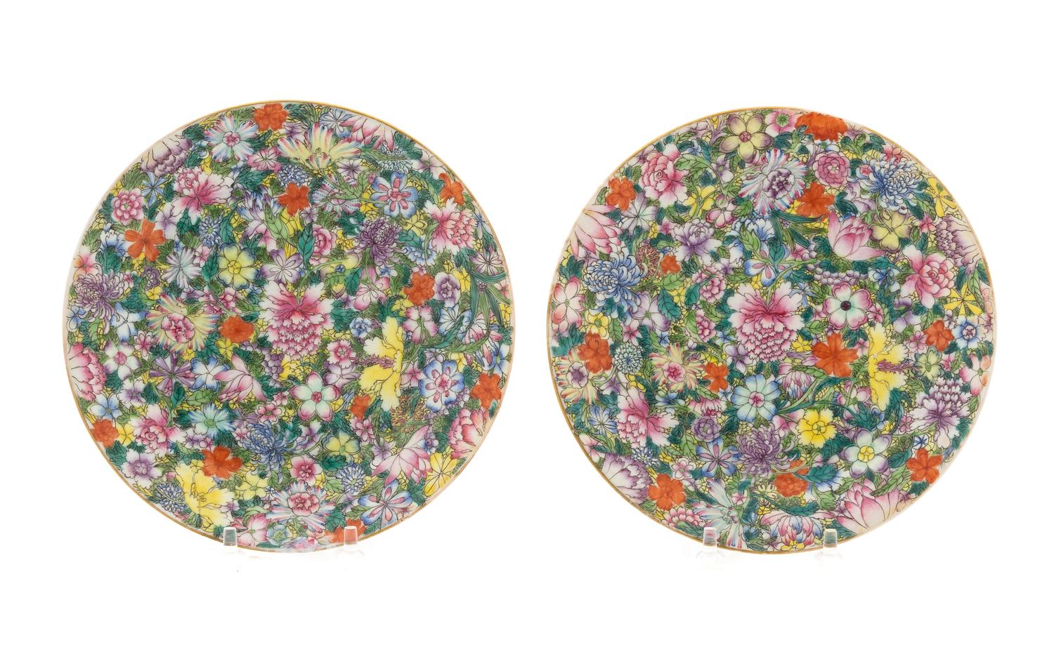 A Pair of Famille Rose "Millefleurs" Porcelain Dishes Diameter 7 1/2 inches.