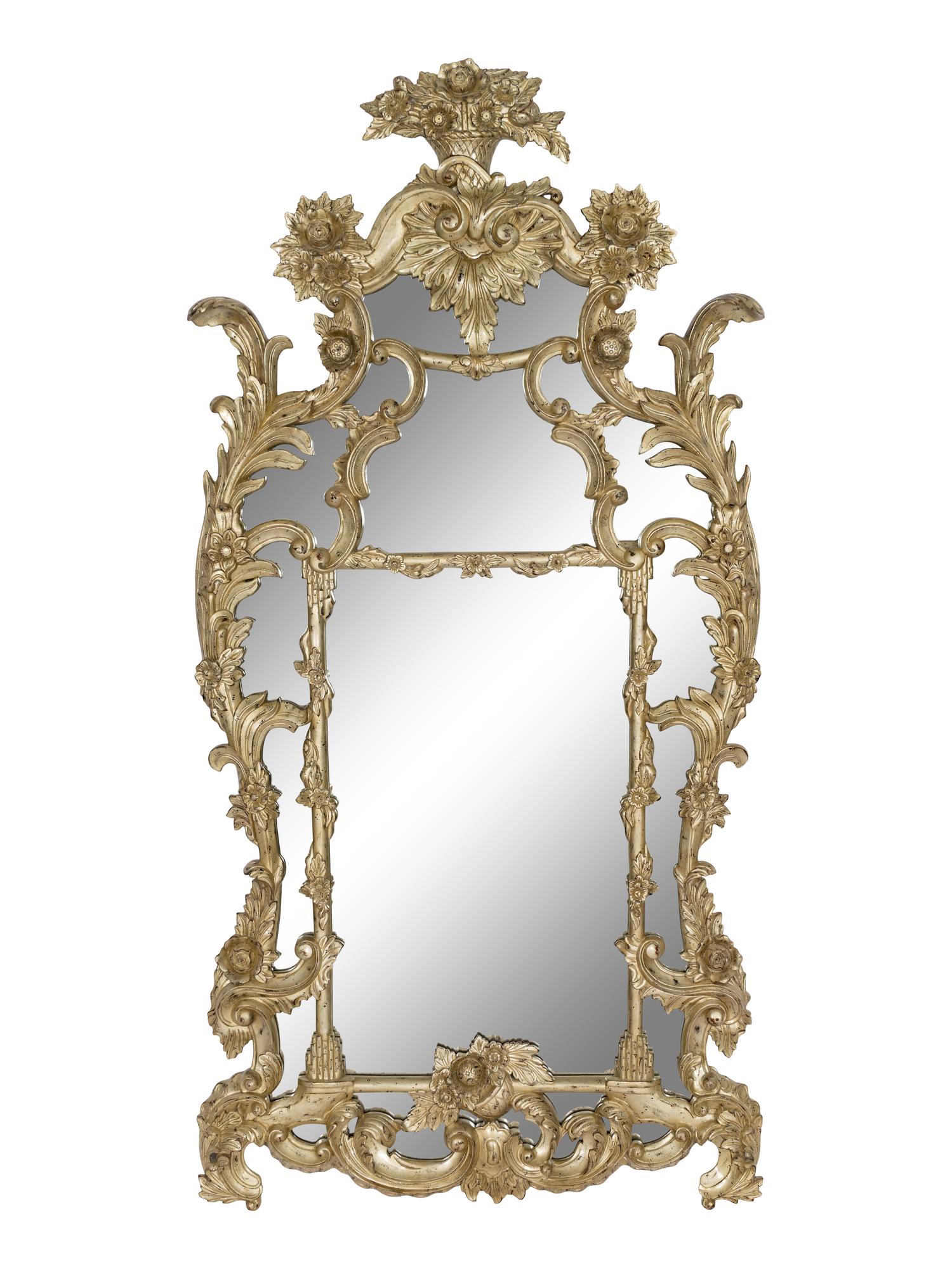 A Pair of Large Ralph Lauren Louis XV Style Silvered Parclose Overmantel Mirrors