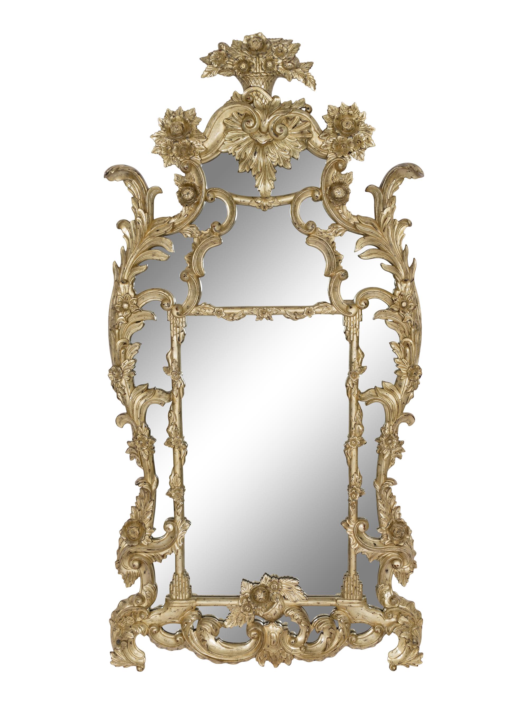 A Pair of Large Ralph Lauren Louis XV Style Silvered Parclose Overmantel Mirrors