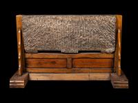 A Chinese Relief Carved Stone Stele Panel on Fitted Wood Stand