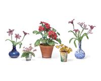 A Collection of Twenty-One French Beaded and Glass Flower and Fruit Arrangements