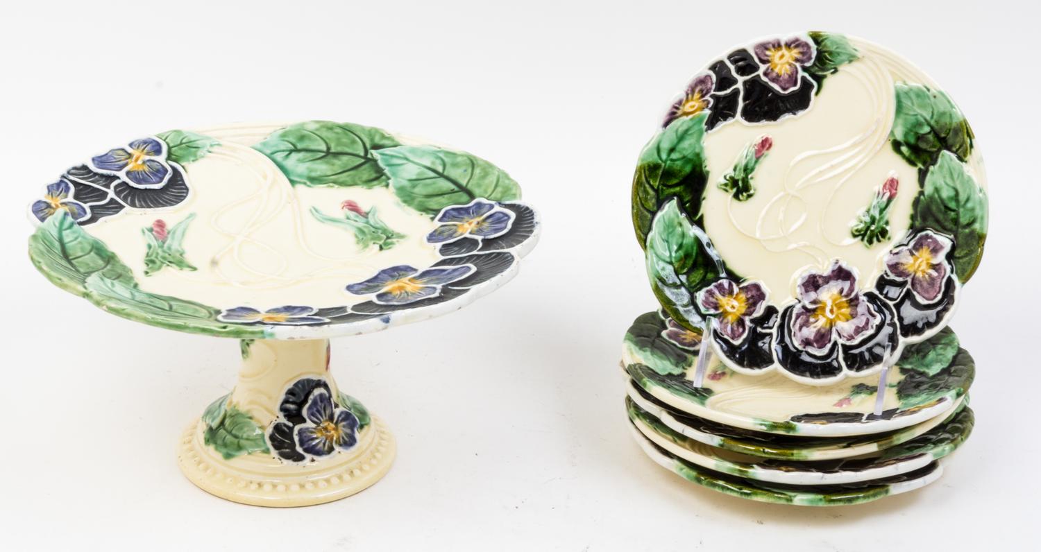 A Majolica Partial Dessert Service Height of serving dish 5 1/2 inches.