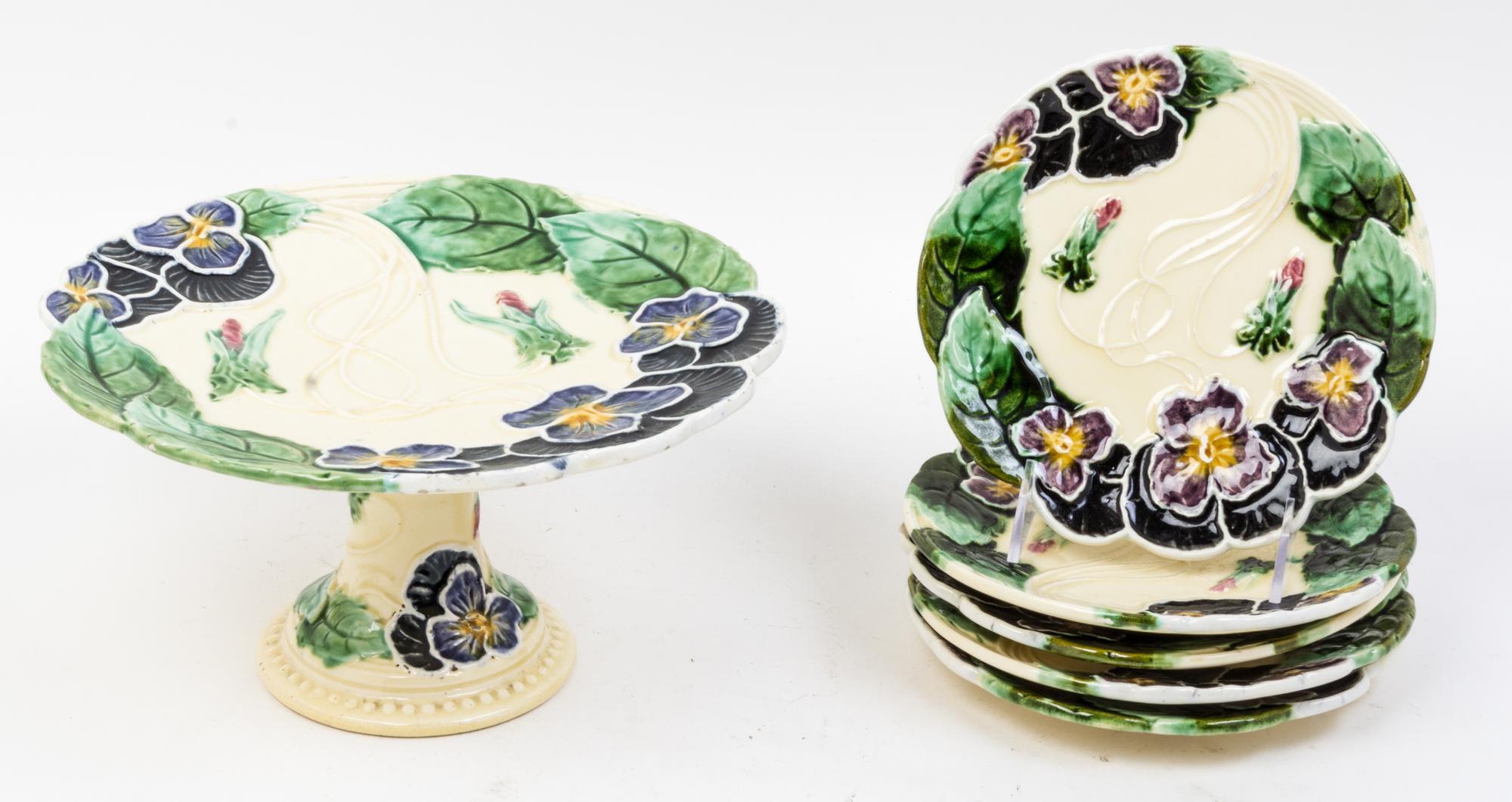 A Majolica Partial Dessert Service Height of serving dish 5 1/2 inches.