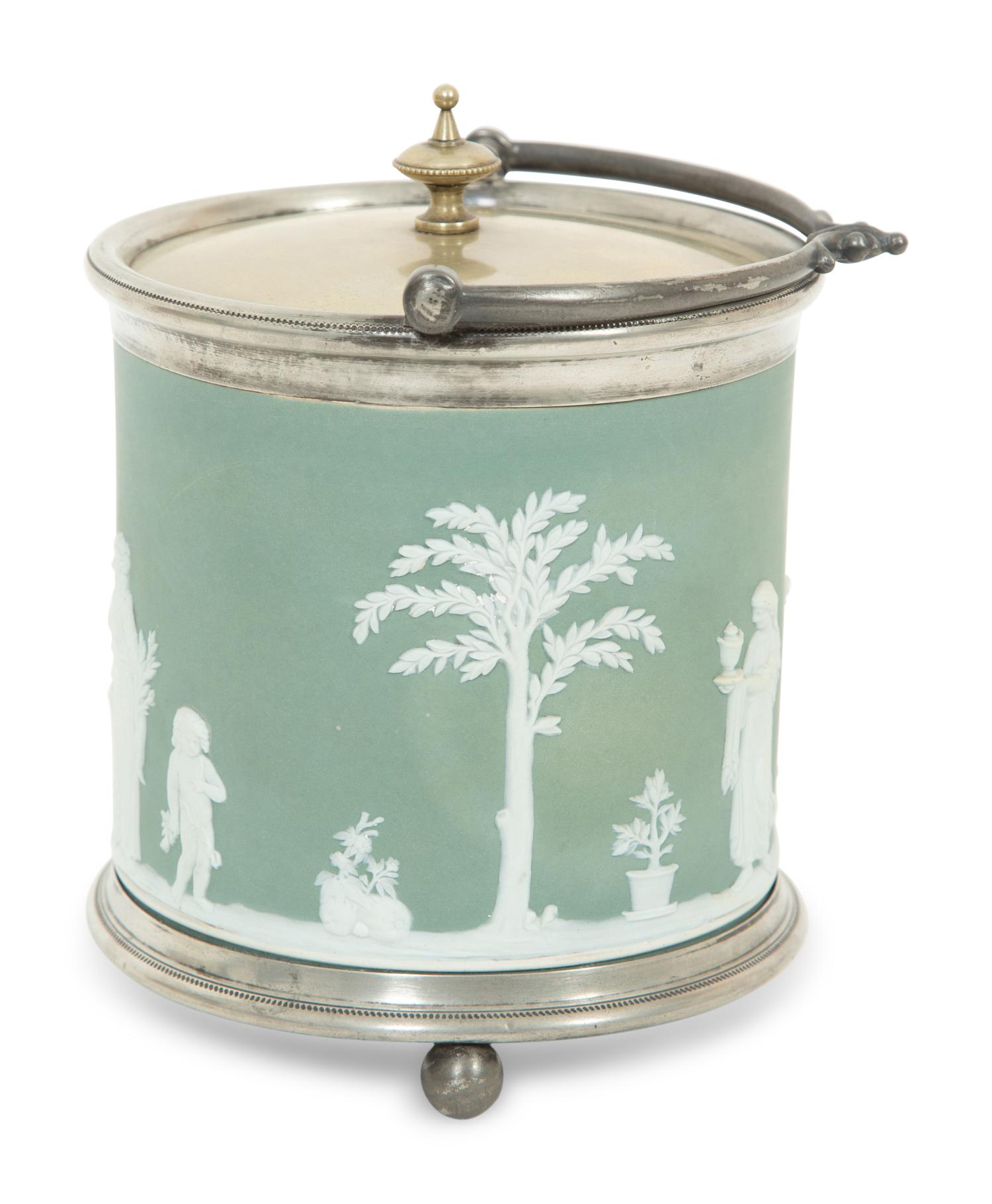 A Green Wedgwood Jasperware Portland Vase and Biscuit Barrell with Silver Plate Handle, Top and Base combined with biscuit barrell 323704/124