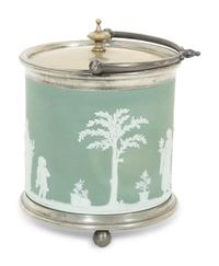 A Green Wedgwood Jasperware Portland Vase and Biscuit Barrell with Silver Plate Handle, Top and Base combined with biscuit barrell 323704/124