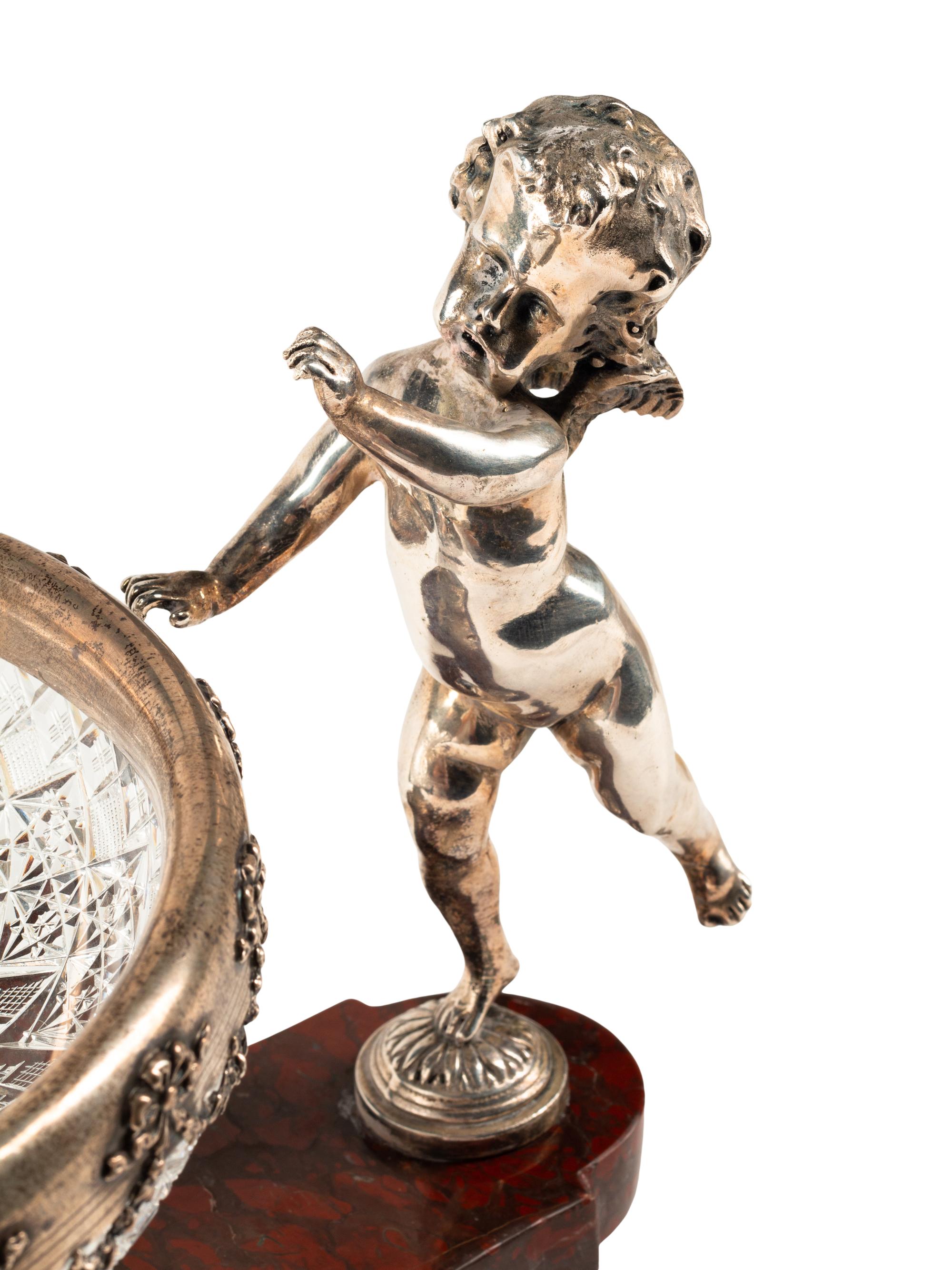 An American Silver Mounted Cut Glass, Marble and Silvered Bronze Table Centerpiece