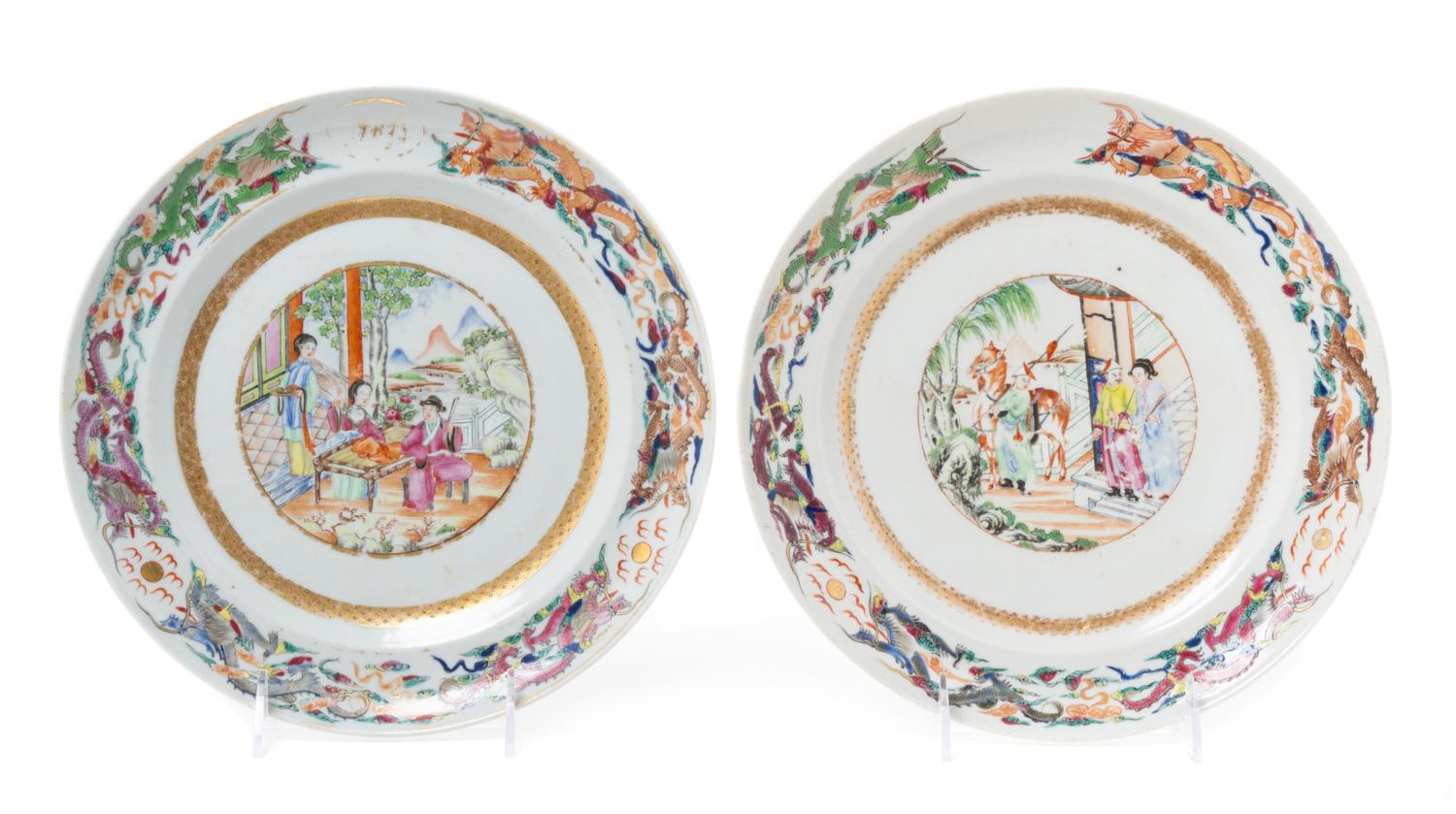 A Pair of Chinese Export Famille Rose Porcelain Plates Diameter of each 9 3/4 inches.