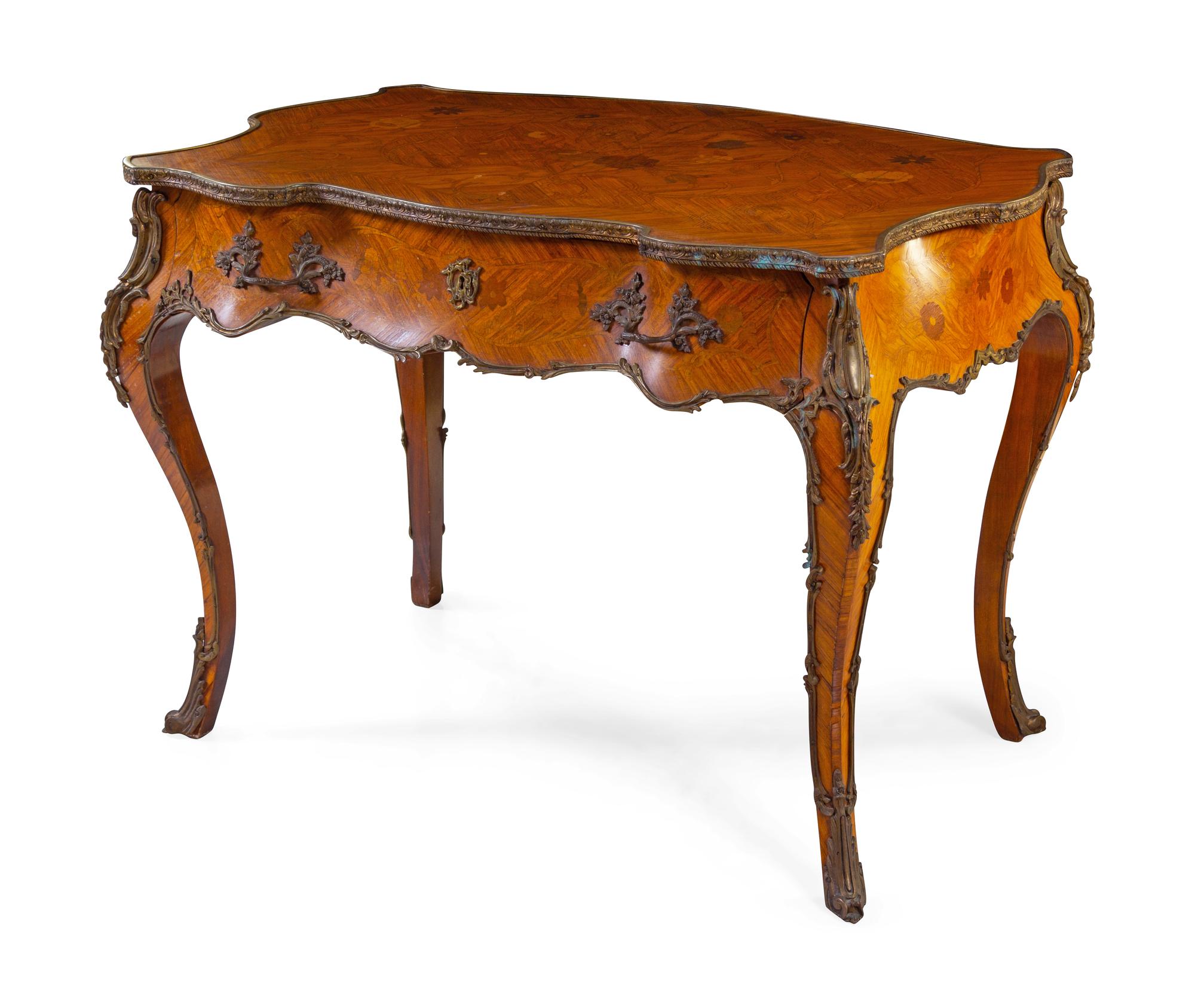 A Louis XV Style Gilt Bronze Mounted Marquetry Bureau Plat or Dressing Table