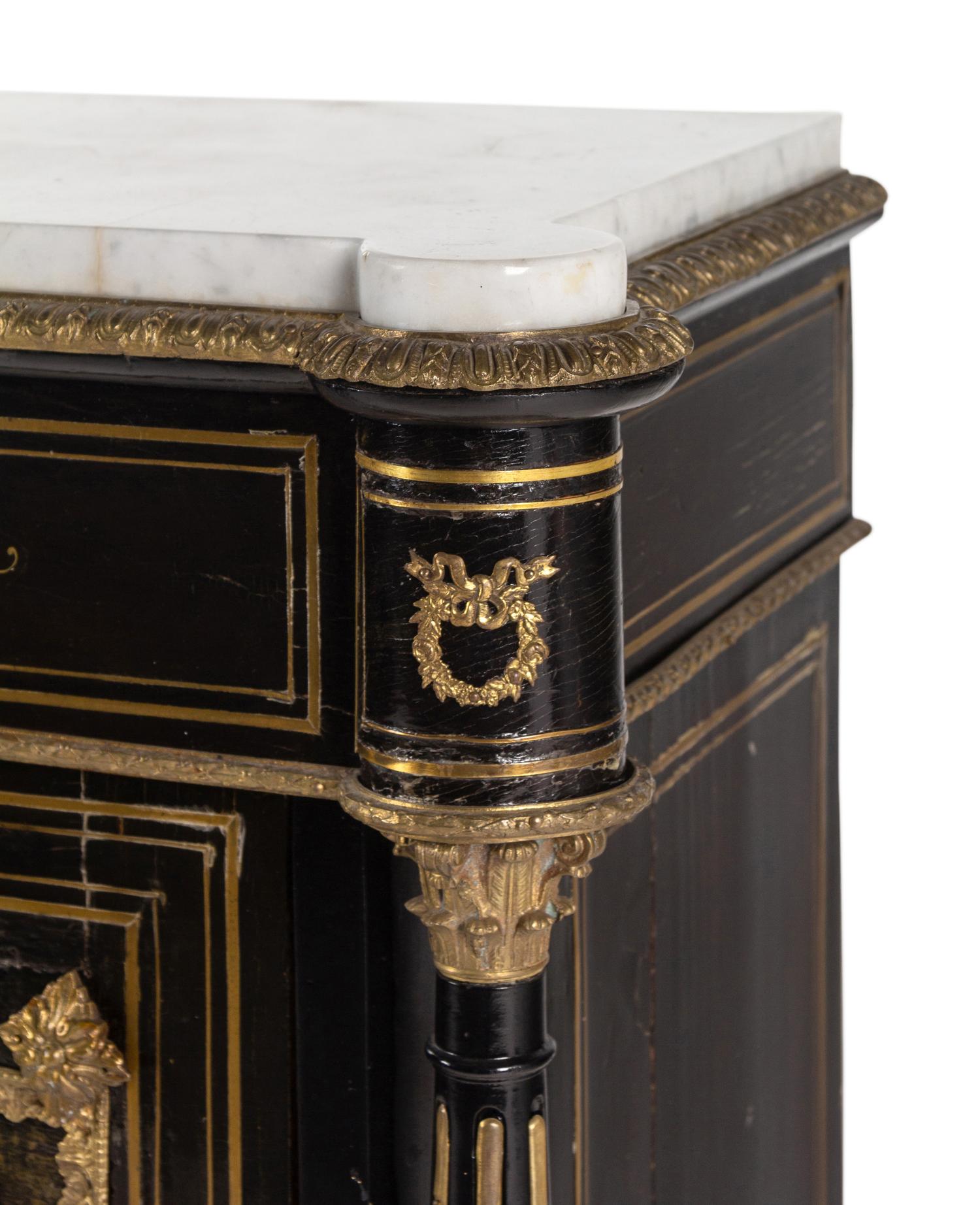 A Napoleon III Pewter and Brass-Inlaid Boulle Marquetry Marble-Top Cabinet