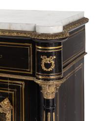 A Napoleon III Pewter and Brass-Inlaid Boulle Marquetry Marble-Top Cabinet