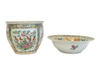A Large Chinese Export Rose Medallion Porcelain Punch Bowl and Jardinière
