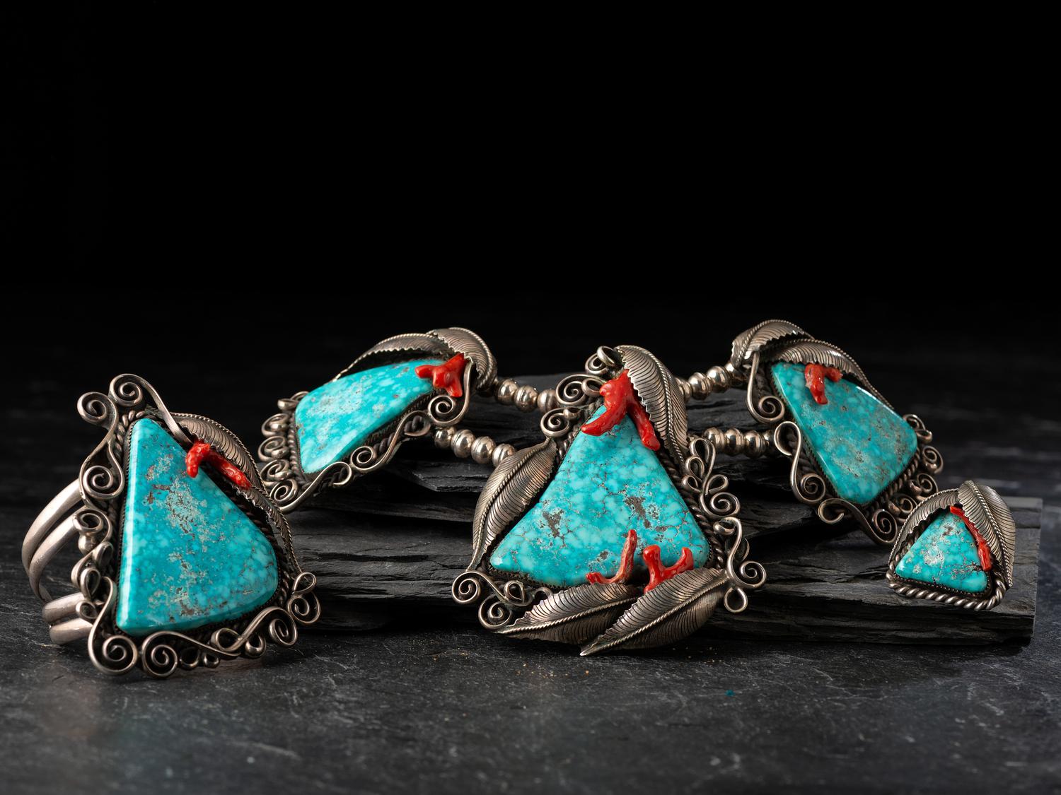 Large Navajo Turquoise and Coral Suite