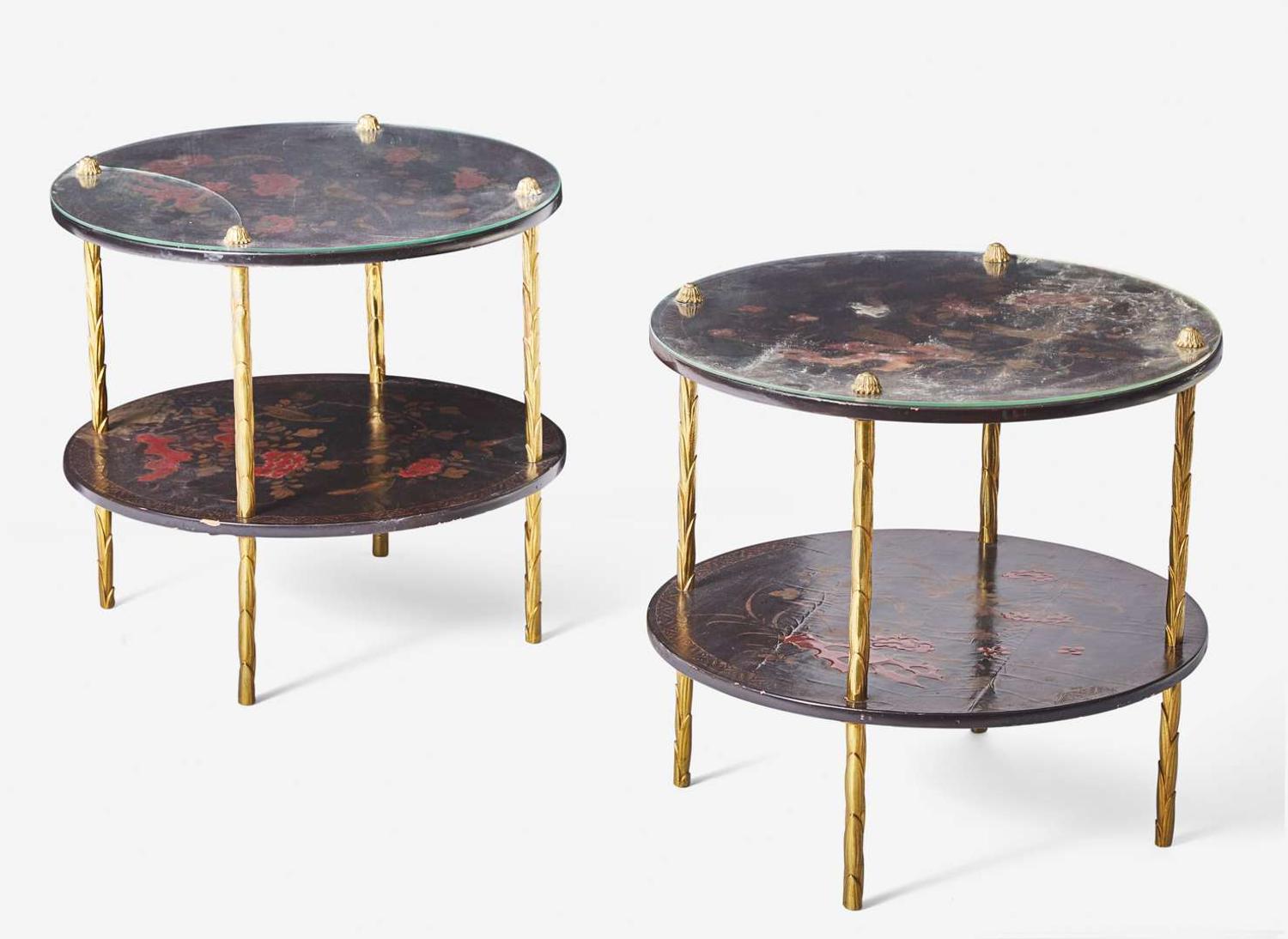 A pair of French Chinoiserie gilt bronze and lacquer two-tiered cocktail tables, attributed to Maison Baguès, mid-20th century