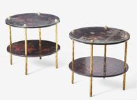 A pair of French Chinoiserie gilt bronze and lacquer two-tiered cocktail tables, attributed to Maison Baguès, mid-20th century