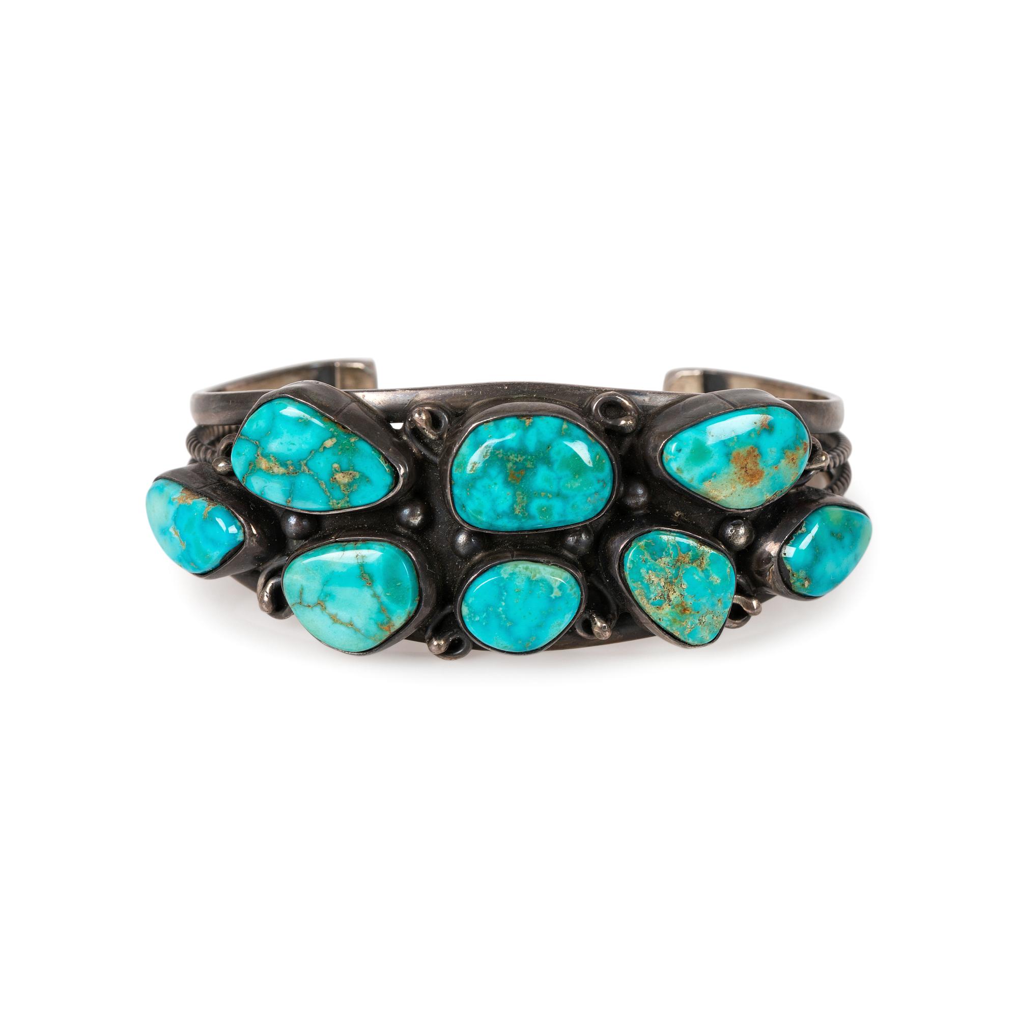 Sterling Silver and Royston Turquoise Cluster Cuff Bracelet