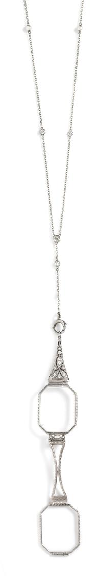 An Art Deco Platinum, Diamond and Pearl Lorgnette with 14 Karat White Gold Lavalier Longchain, 11.50 dwts.