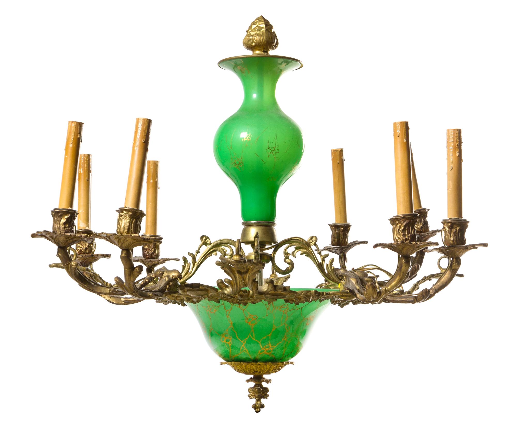 A Continental Opaline Glass Mounted Gilt Bronze Eight-Light Chandelier Diameter 30 inches.
