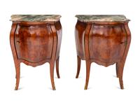 An Italian Bombe-Form Burled Walnut Three-Piece Bedroom Suite with Marble Tops