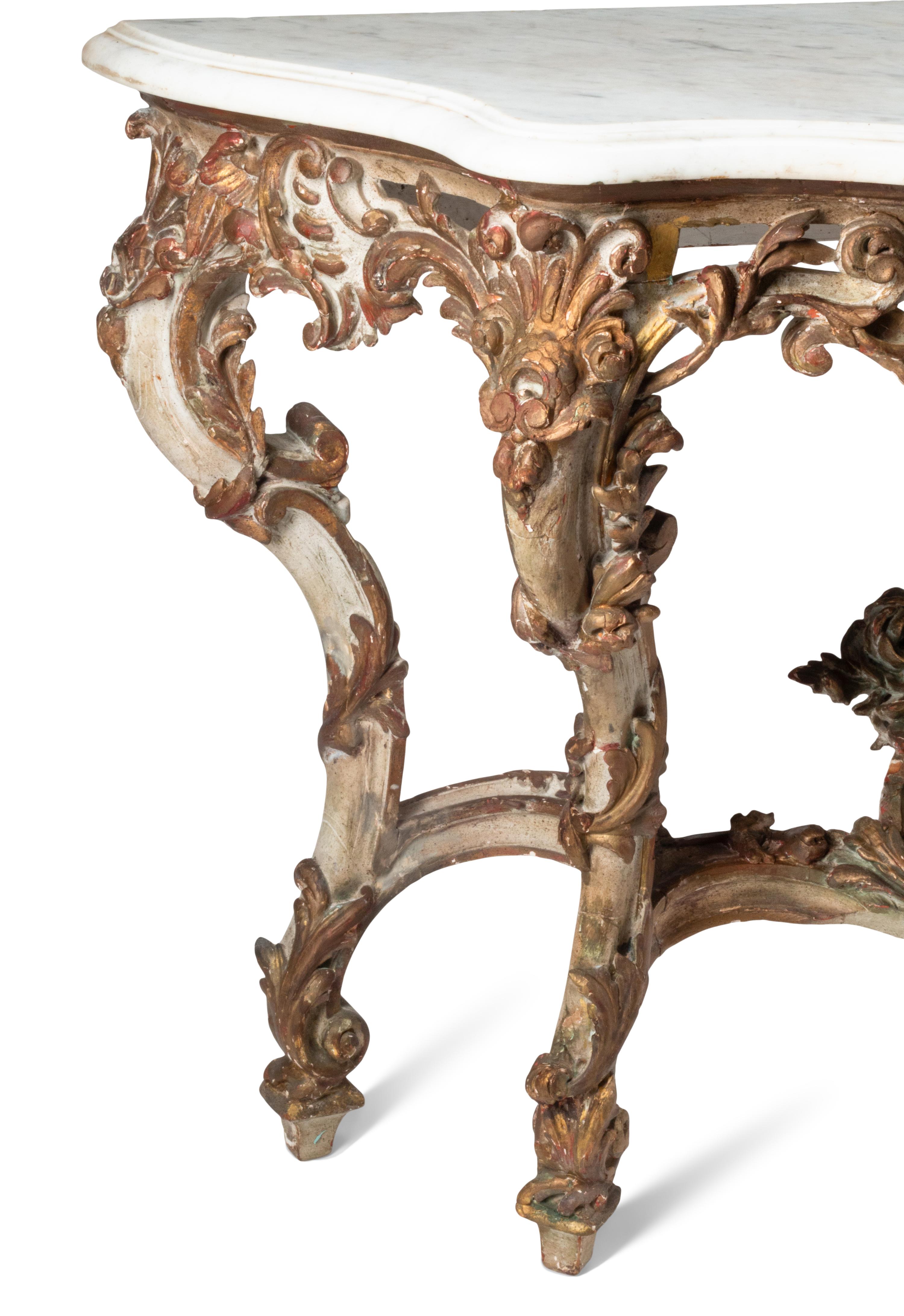 A Louis XV Painted and Parcel Gilt Marble-Top Console Table