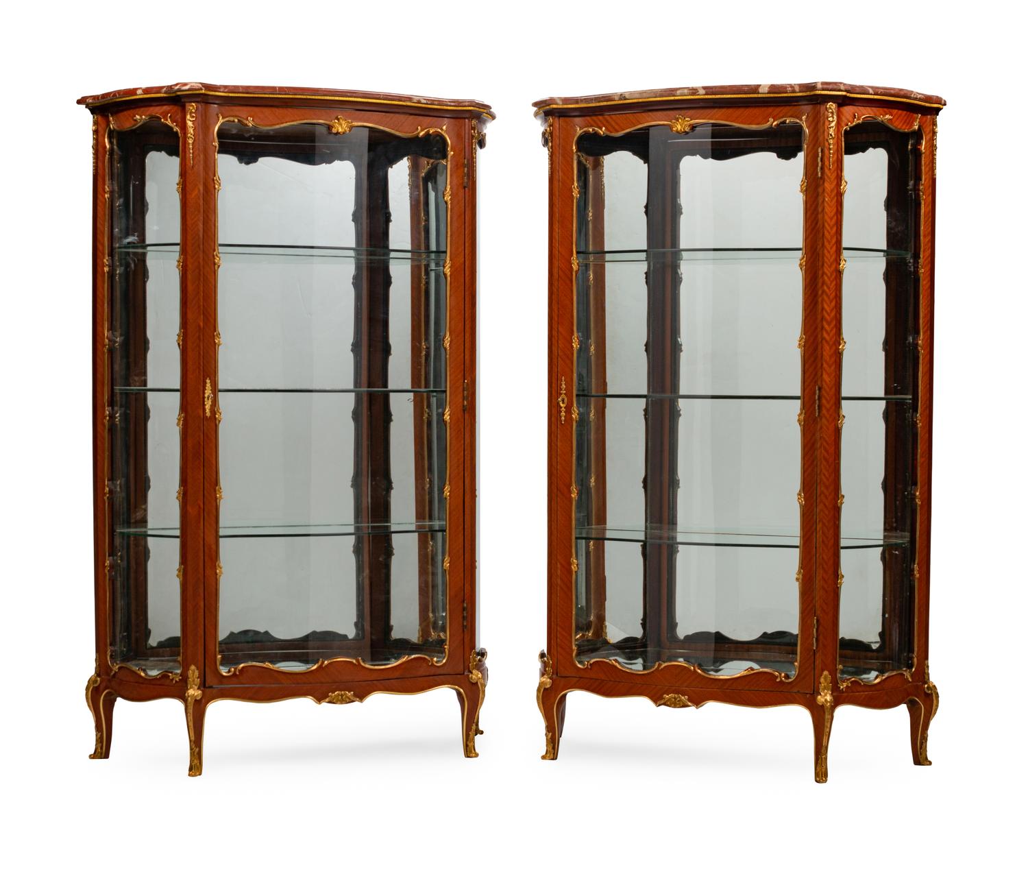 A Pair of Louis XV Style Gilt-Bronze-Mounted Kingwood Vitrine Cabinets