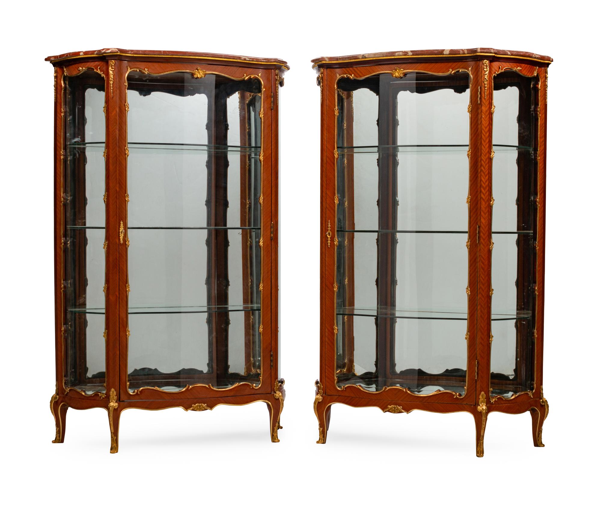 A Pair of Louis XV Style Gilt-Bronze-Mounted Kingwood Vitrine Cabinets
