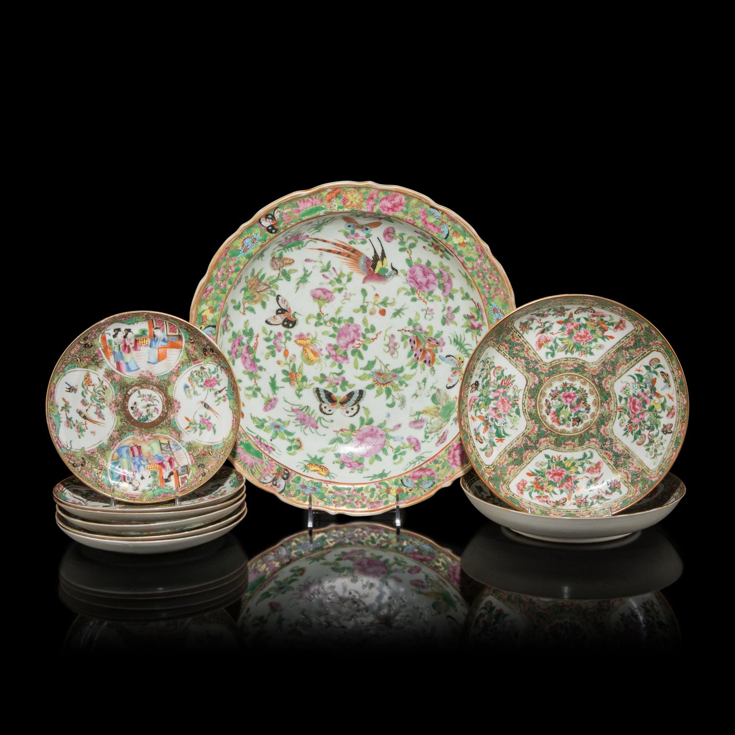 A Group of Eight Assorted Chinese Rose Medallion Dishes and a Charger, Second Half 19th Century 清晚期 廣彩賞盤一組八件
