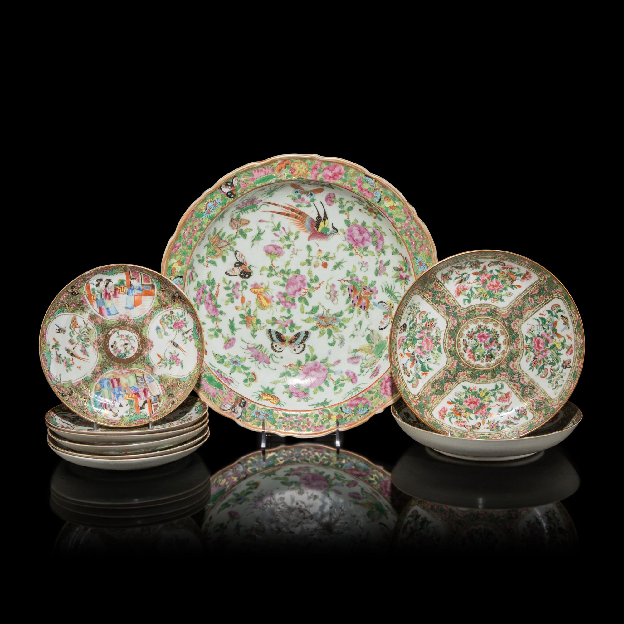 A Group of Eight Assorted Chinese Rose Medallion Dishes and a Charger, Second Half 19th Century 清晚期 廣彩賞盤一組八件