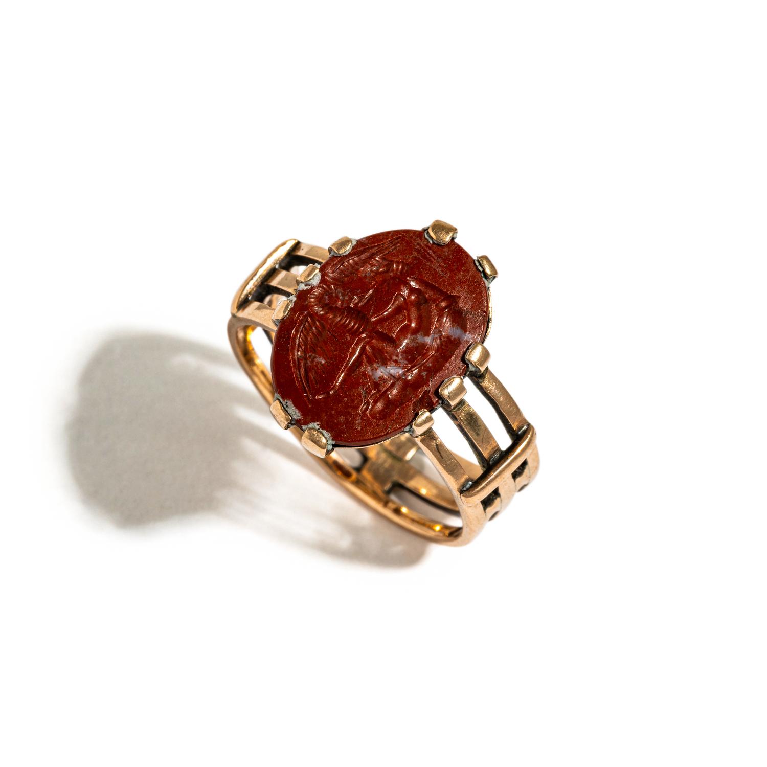 A Roman Red Jasper Ring Stone with Princess Leda and the Swan — Set in a gold ring
