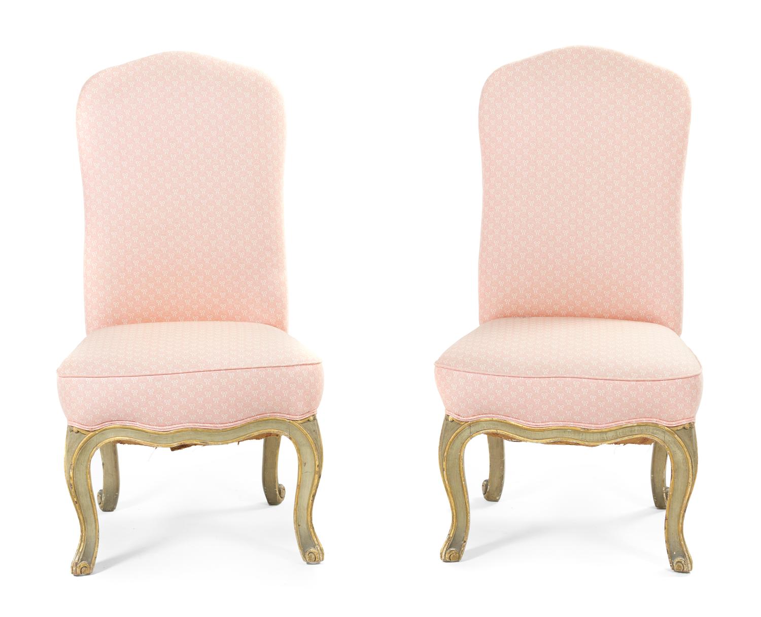 A Pair of Louis XV Style Painted and Parcel Gilt Slipper Chairs, Height 34 1/4 inches.
