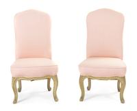 A Pair of Louis XV Style Painted and Parcel Gilt Slipper Chairs, Height 34 1/4 inches.