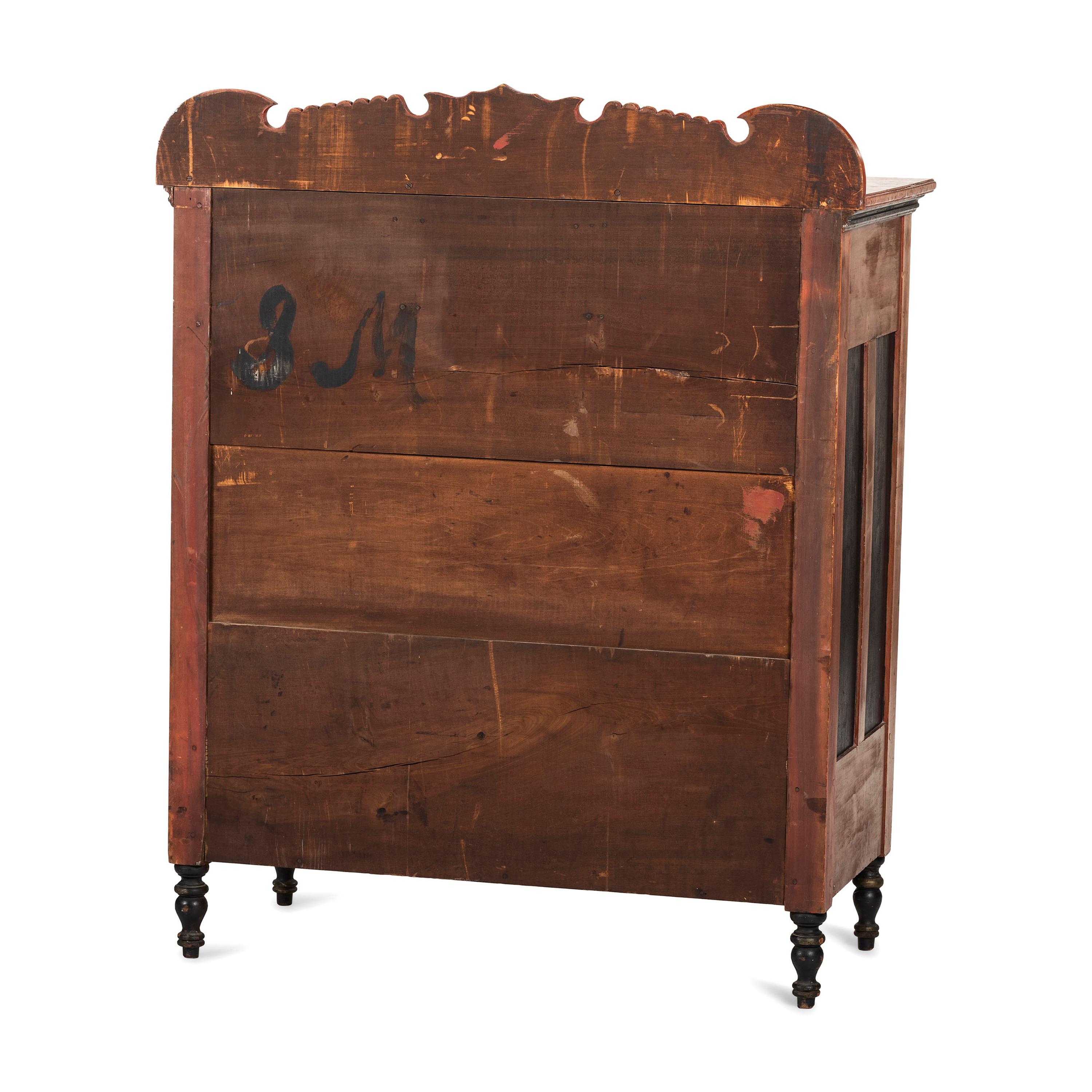 A Mennonite Red Wash, Black and Parcel Gilt Painted, Stencil Decorated Poplar Chest of Drawers