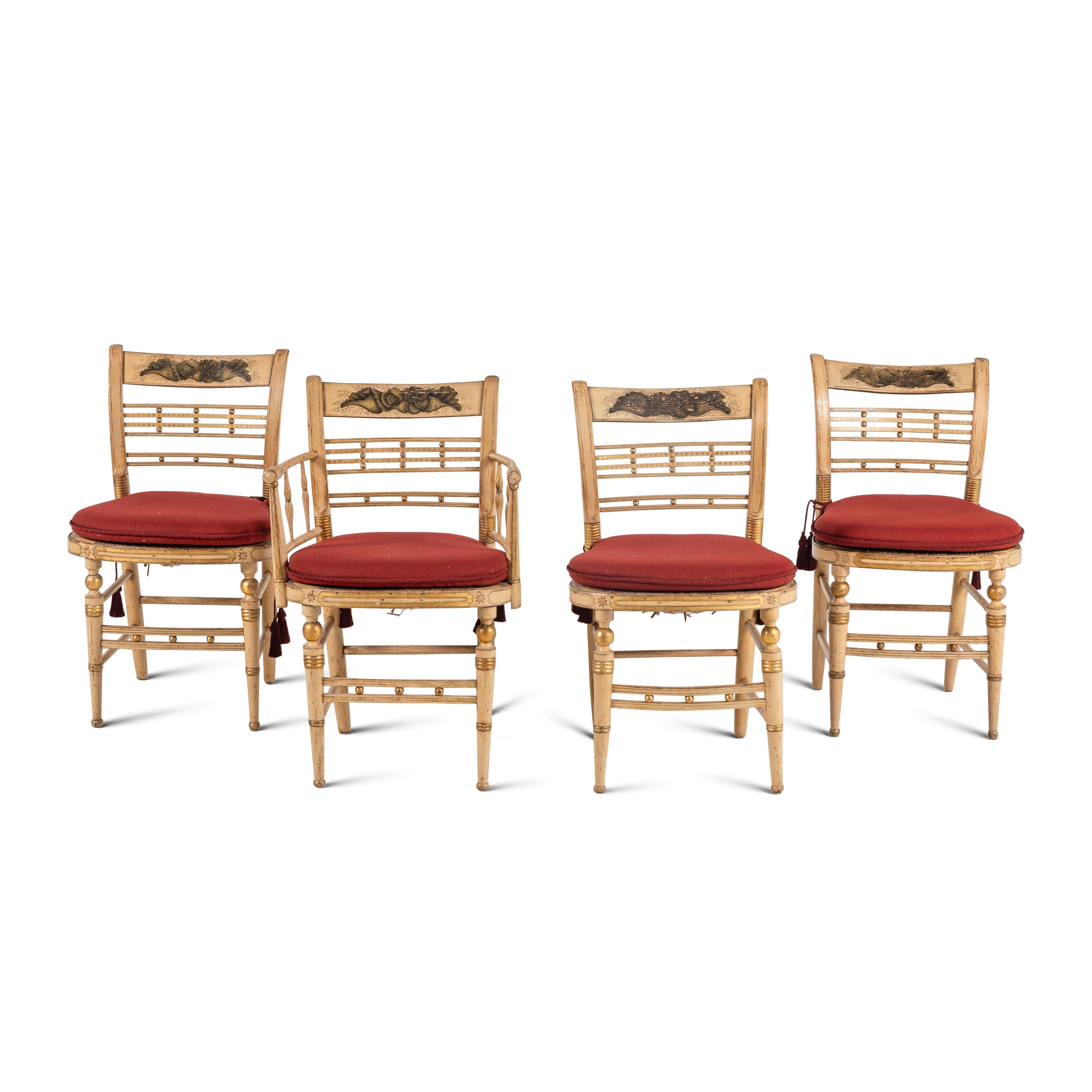 A Set of Four Classical Cream-Painted and Parcel Gilt "Hitchcock" Dining Chairs