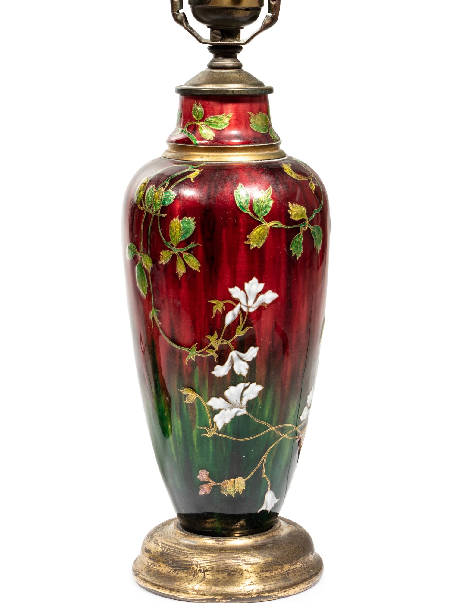 A Pair of French Enameled Metal Vases Mounted as Lamps