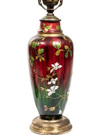 A Pair of French Enameled Metal Vases Mounted as Lamps