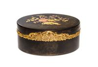 A Georgian Gilt Metal Mounted Snuff Box, 18th/19th Century, of oval form with hinged lid, having floral inlays and banding.